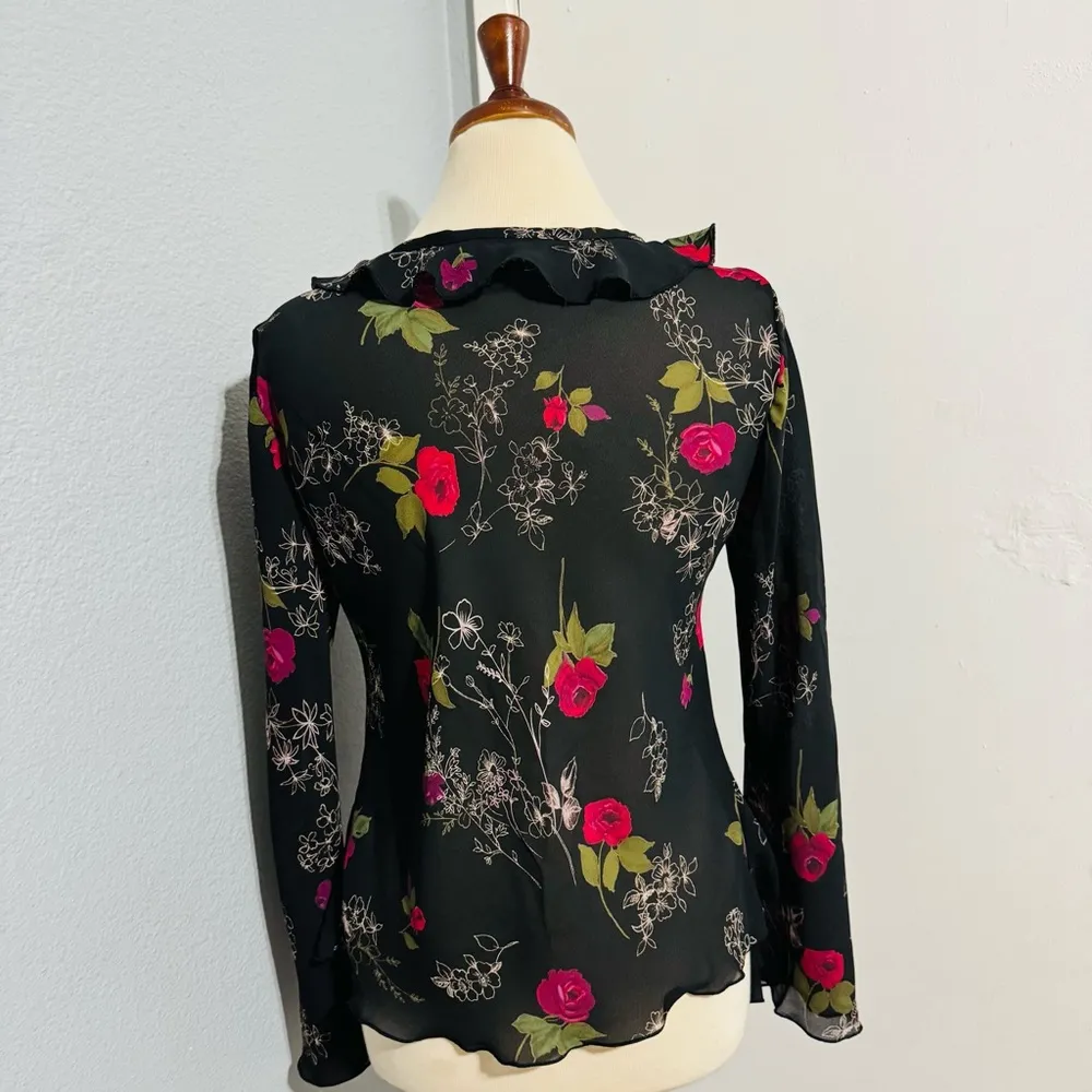 Connected Apparel Floral Black Wide Sleeves Lightweight Tie Front Cardigan 8 - Image 6