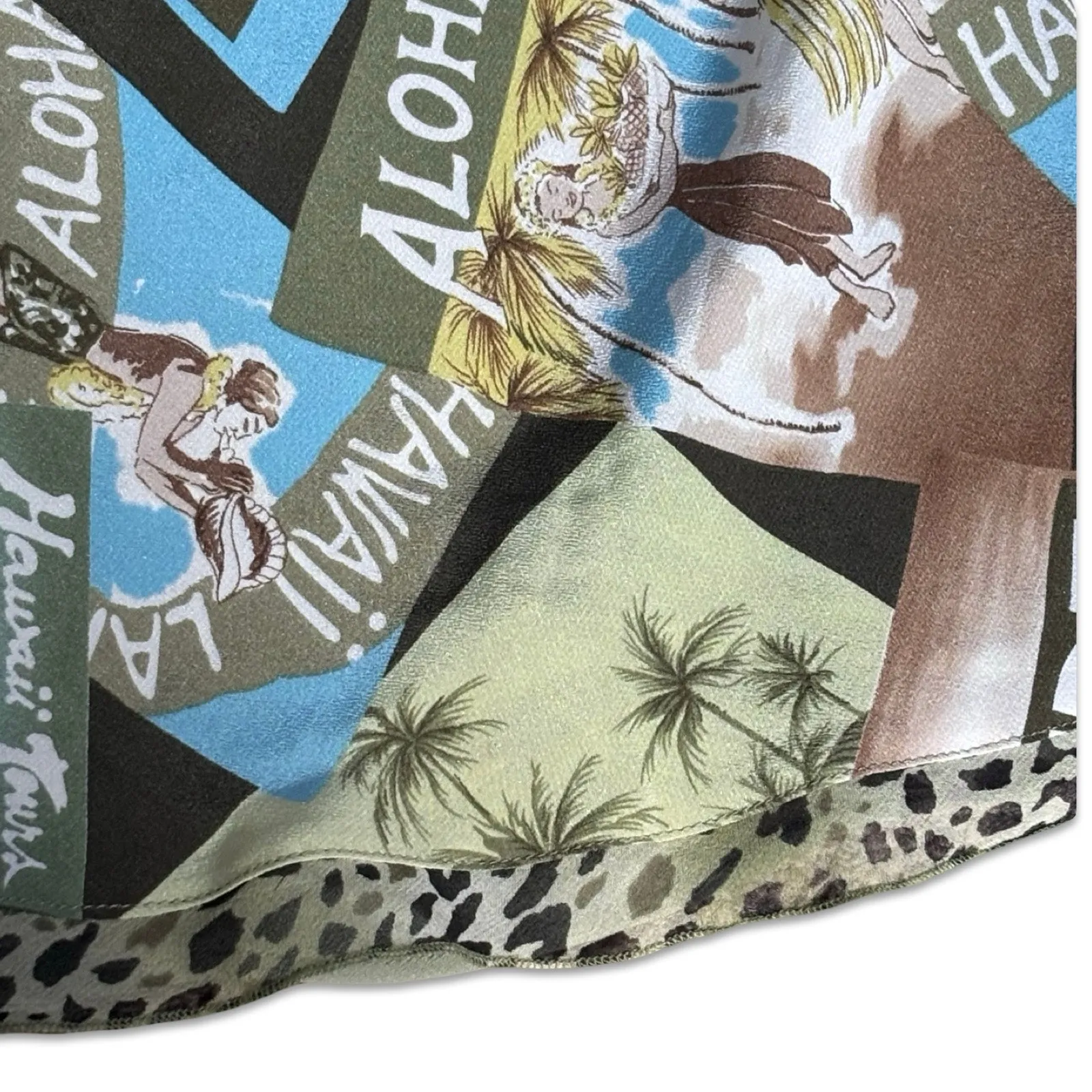 Vintage Silk Hawaiian Postcard Print Skirt Y2K Aloha Surf Vacation Tropical Blue Size M - Image 5