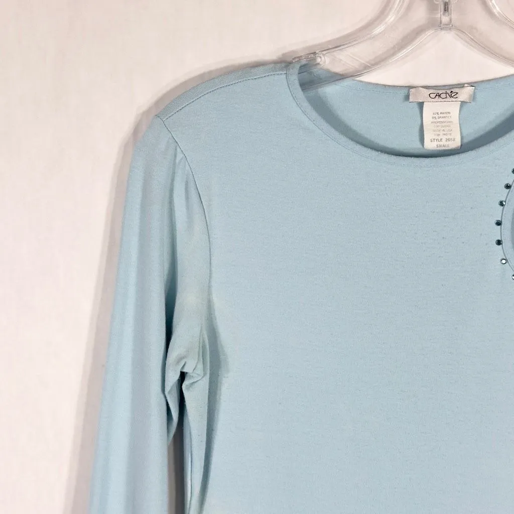 Cache Small‎ Top Knit Light Baby Blue Rhinestones Cut Out Cold Shoulder Y2K 1348 - Image 4
