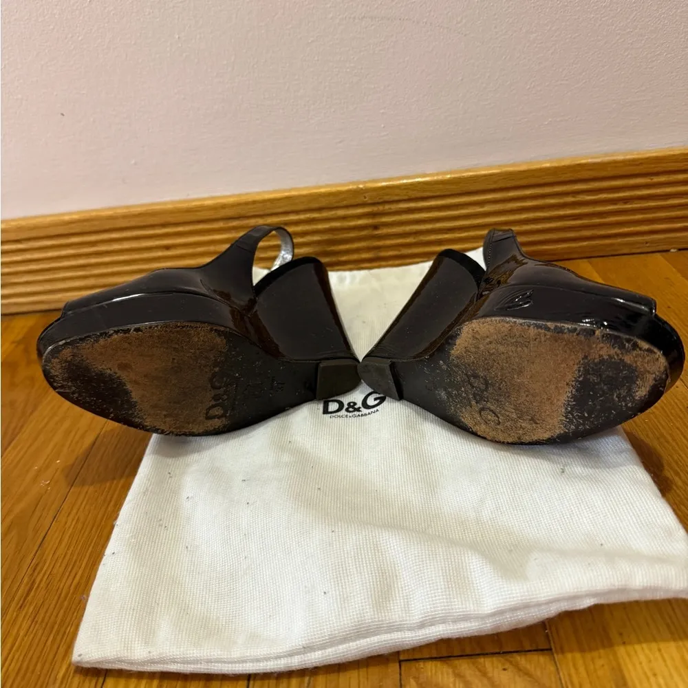Dolce & Gabbana Black Patent Leather Wedge Slingback Shoes 37 D&G VINTAGE Y2K - Image 9