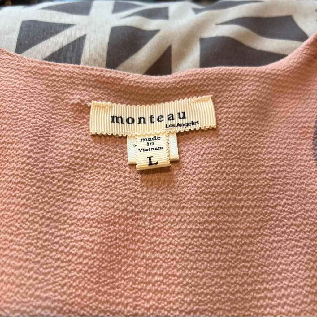 Monteau Pink Crepe Chiffon Button Front V-Neck Flutter Cap Sleeve Midi Dress‎ L - Image 7