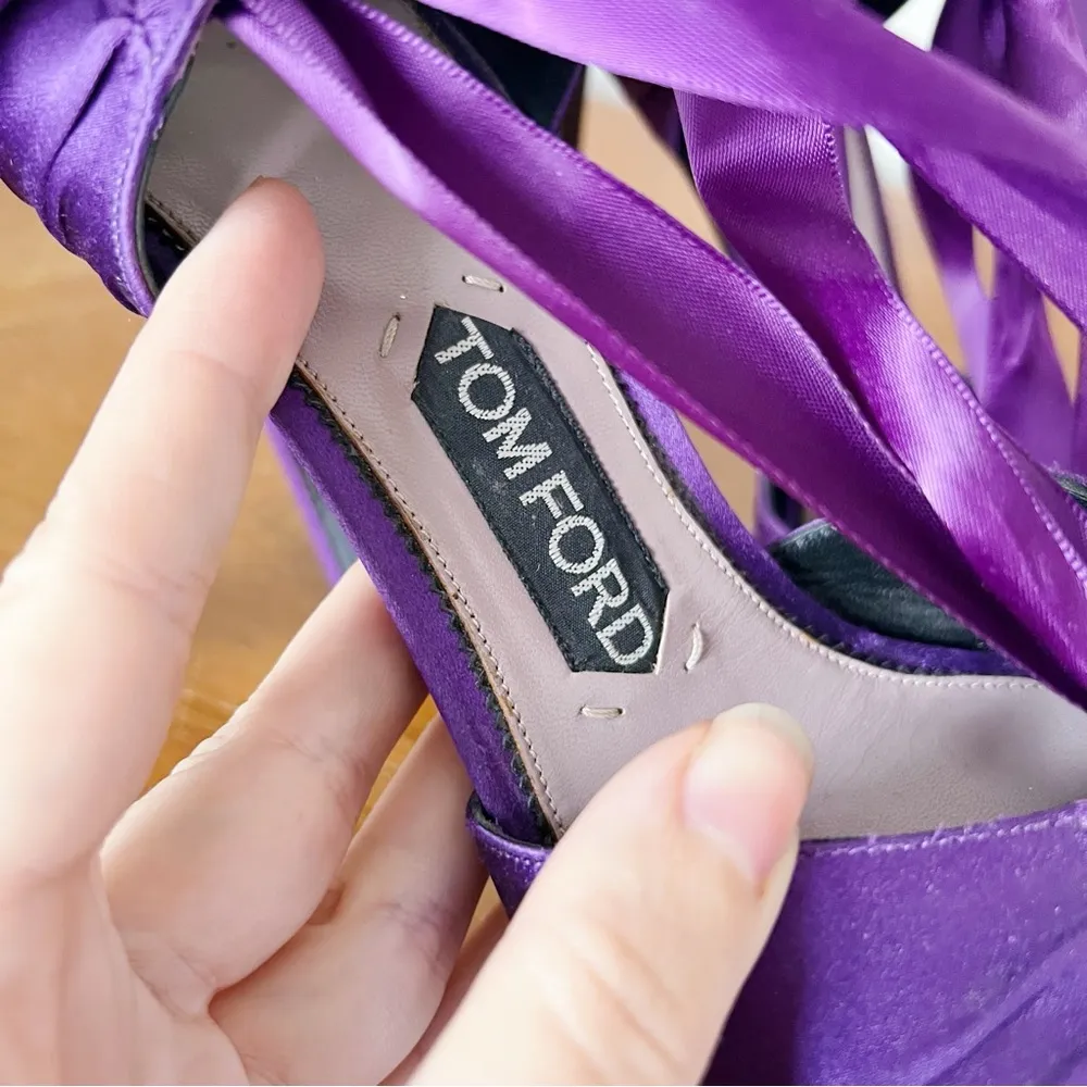 TOM FORD • purple satin evening heels pumps peep toe ankle ribbon tie stiletto - Image 5