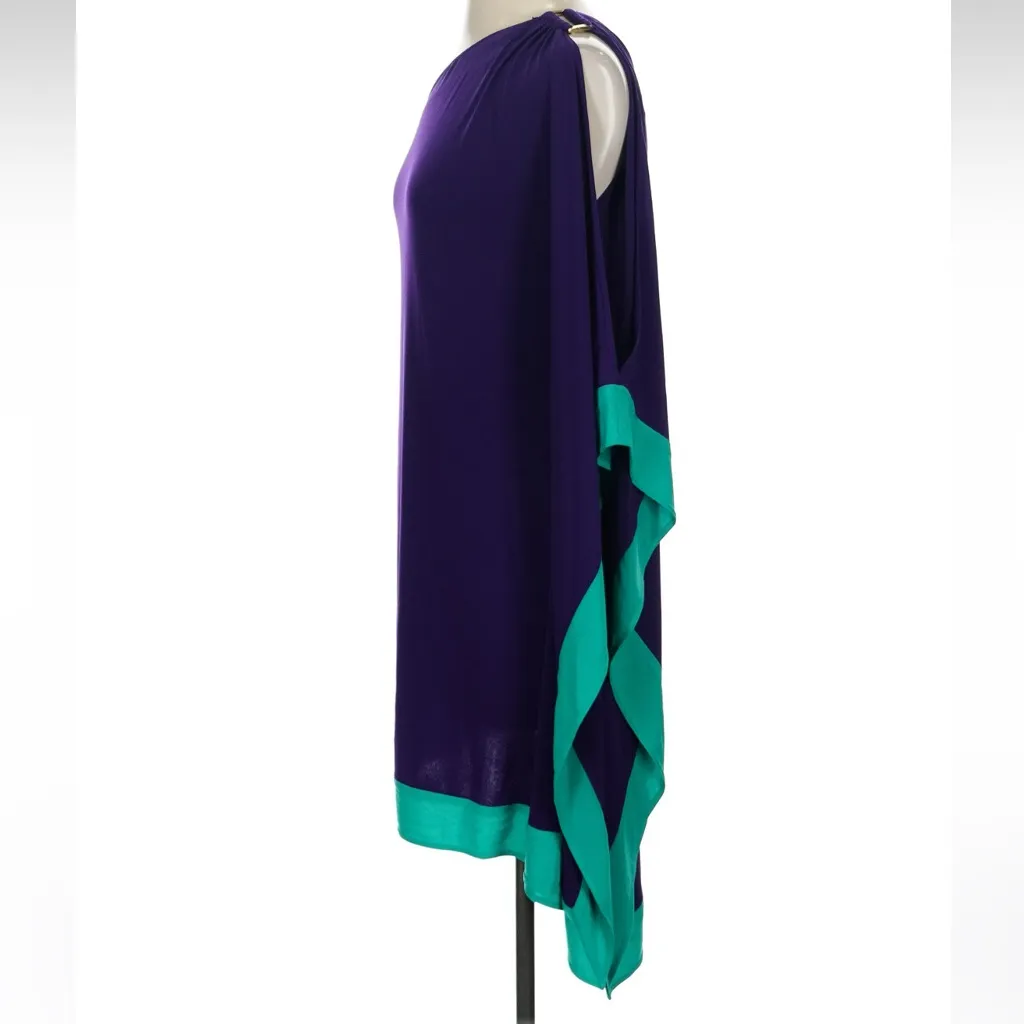 Vintage Cache One-Shoulder Stretch Dress in Purple & Teal Gold Buckle Size XS - Image 3