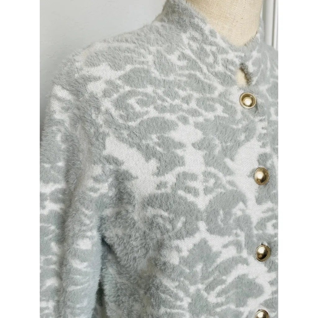 Halston Gray & White Jacquard Sweater Coat Gold Button Cardigan Jacket Soft - Image 7
