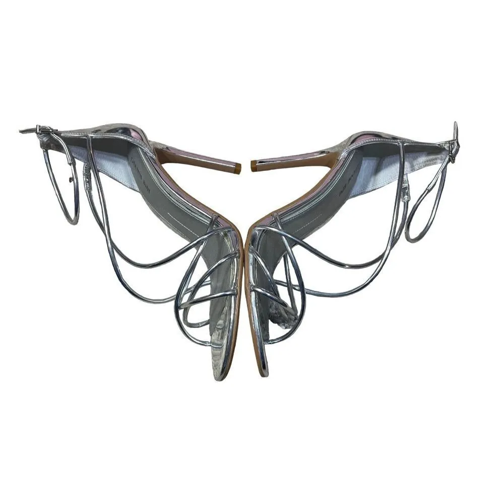 Gianni Bini Strappy Stiletto Heel Sandals Shoes Shiny Silver Size 10M - Image 6