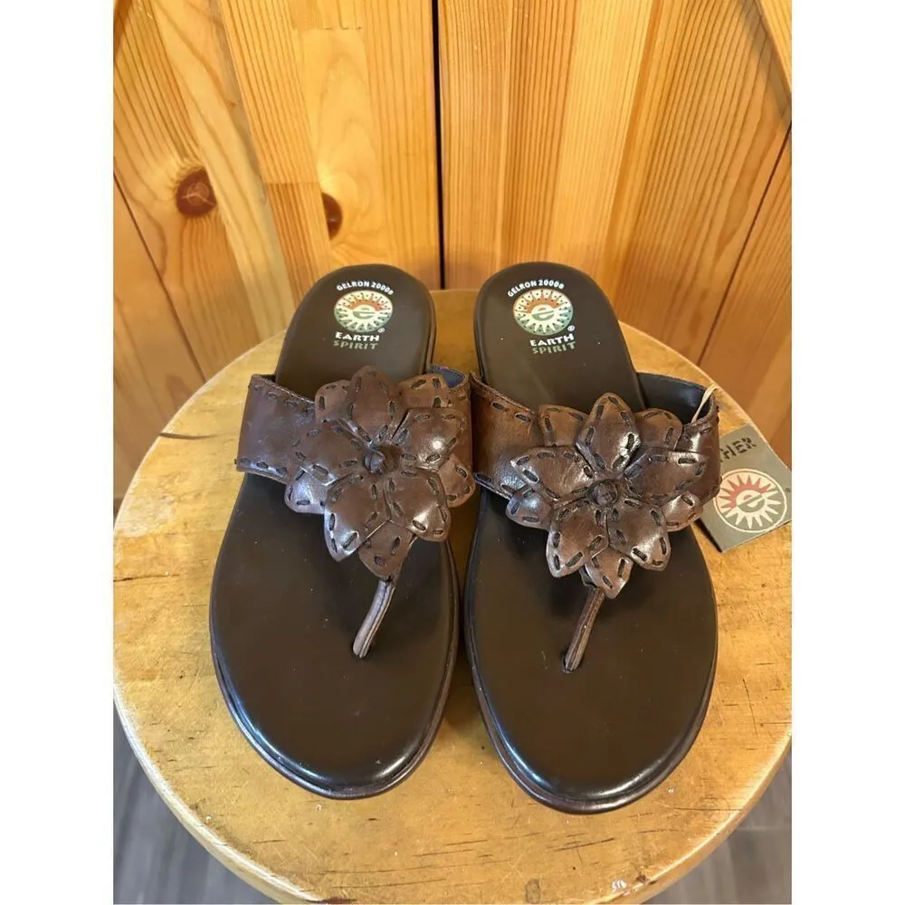 EARTH SPIRIT Women's Size 9 Gelron 2000 Sherwood Brown Leather Flower Sandals nw - Image 2