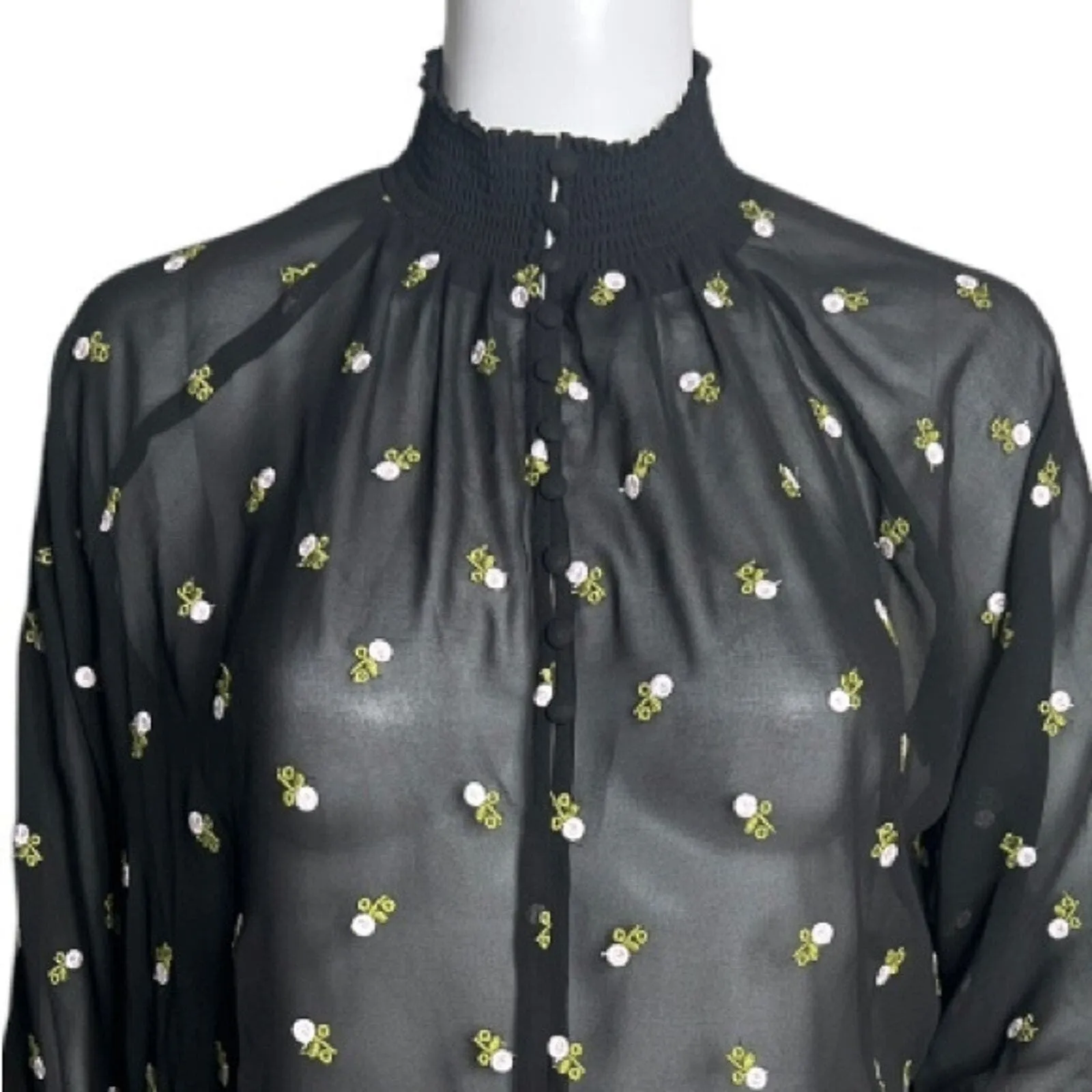 Cabi Shirt Womens XS Black High Neck Floral Embroidered Blouse Sheer Ruffle Boho - Image 4