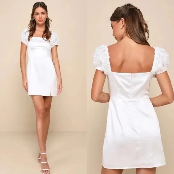 Lulus Precious Enchantment White Satin Floral Puff Sleeve Mini Dress Size S - Image 2
