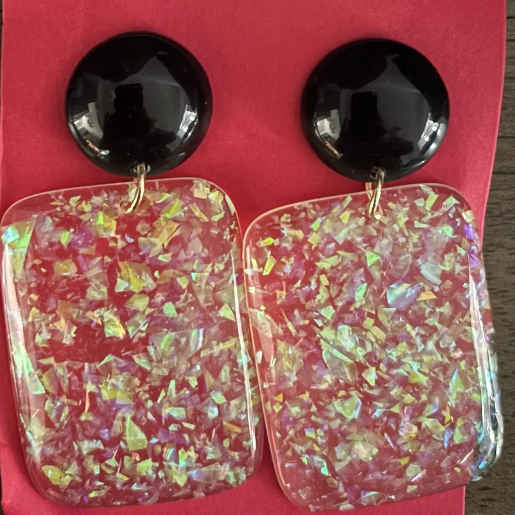 Handmade Resin Dangle Earrings Pink Opalescent Square Statement Black - Image 3