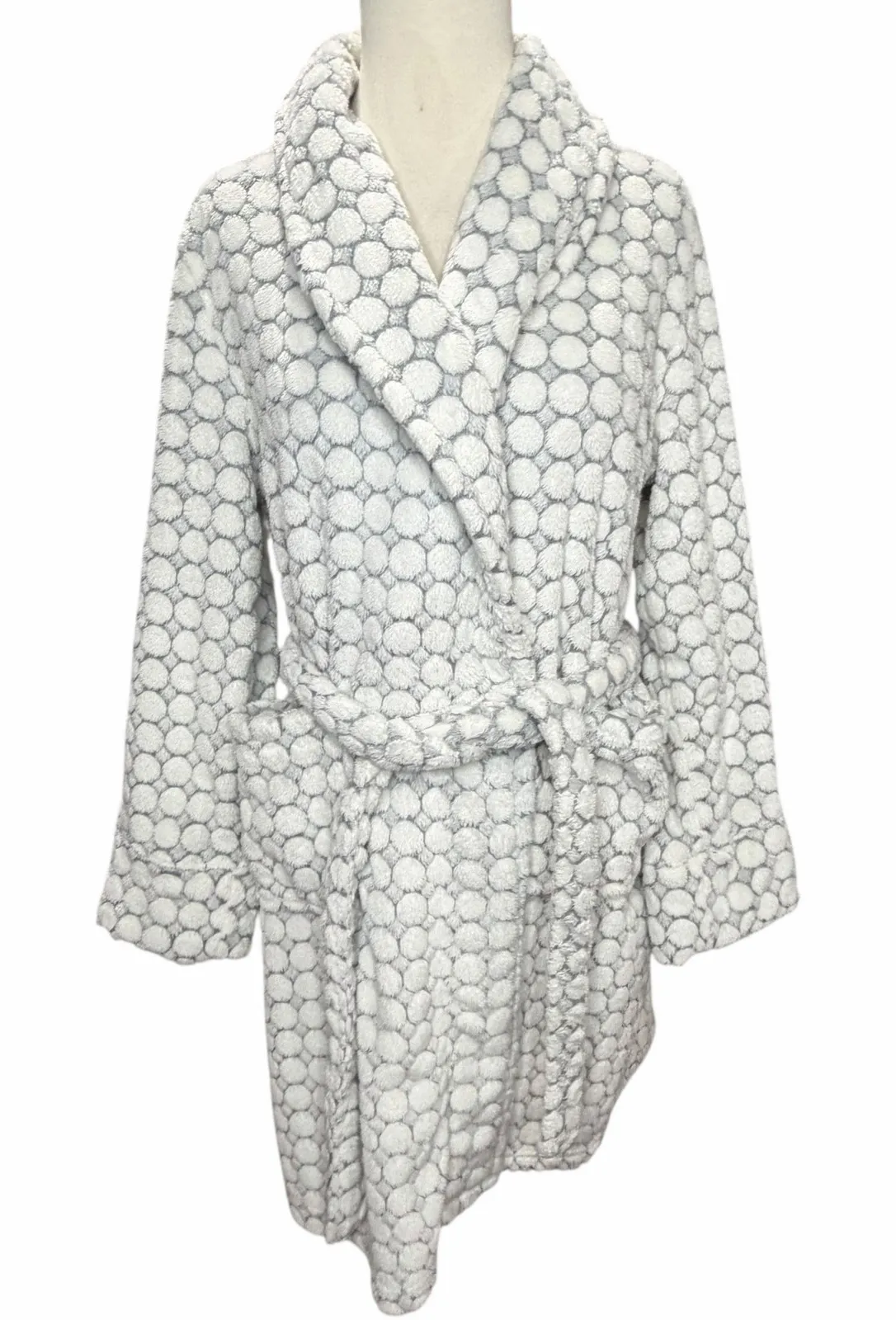 Sleep Sense Plush Robe Womens S White Gray Dot Cozy Soft Cloud Like Feminine - Image 1