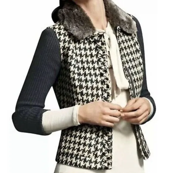 CAbi 978 Houndstooth Mixer Jacket Grey Tan Wool Blend Faux Fur Collar Size 12 - Image 2