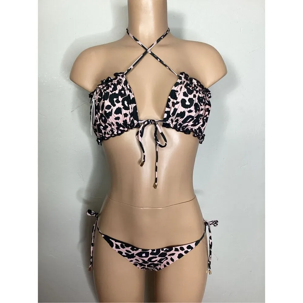 New. PQ pink leopard Ruched Bandeau Bikini. Small. Retails $152 - Image 5