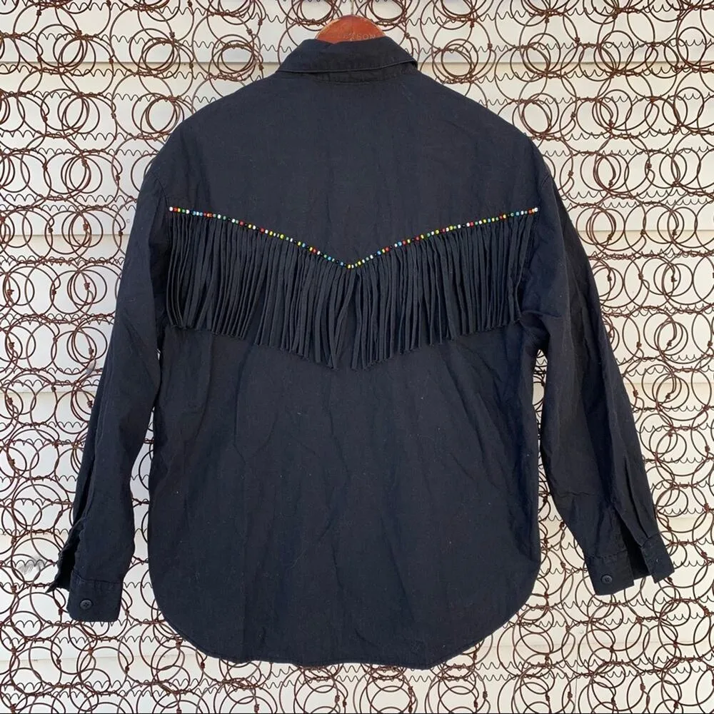 Vintage 90s fringed beaded black southwestern cowgirl western shirt Size M - Image 6