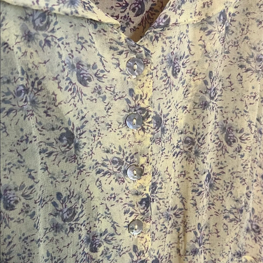 April Cornell Yellow Ditsy Floral Maxi Tea Dress Flutter Collar Button Romantic Purple Size L - Image 7