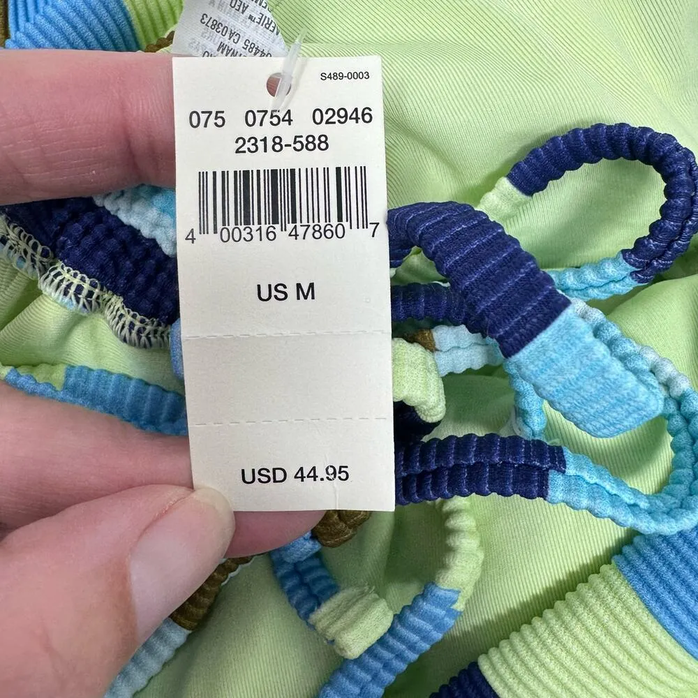 Aerie Ribbed Long Line Bandeau Bikini Top Ruched Striped Blue Yellow Size M NEW - Image 11