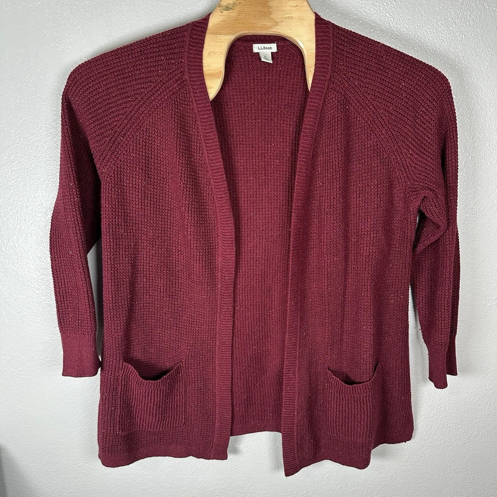 LL Bean Organic Cotton Blend Open Cardigan Sweater Womens XL Burgundy Speckled Red - Image 1