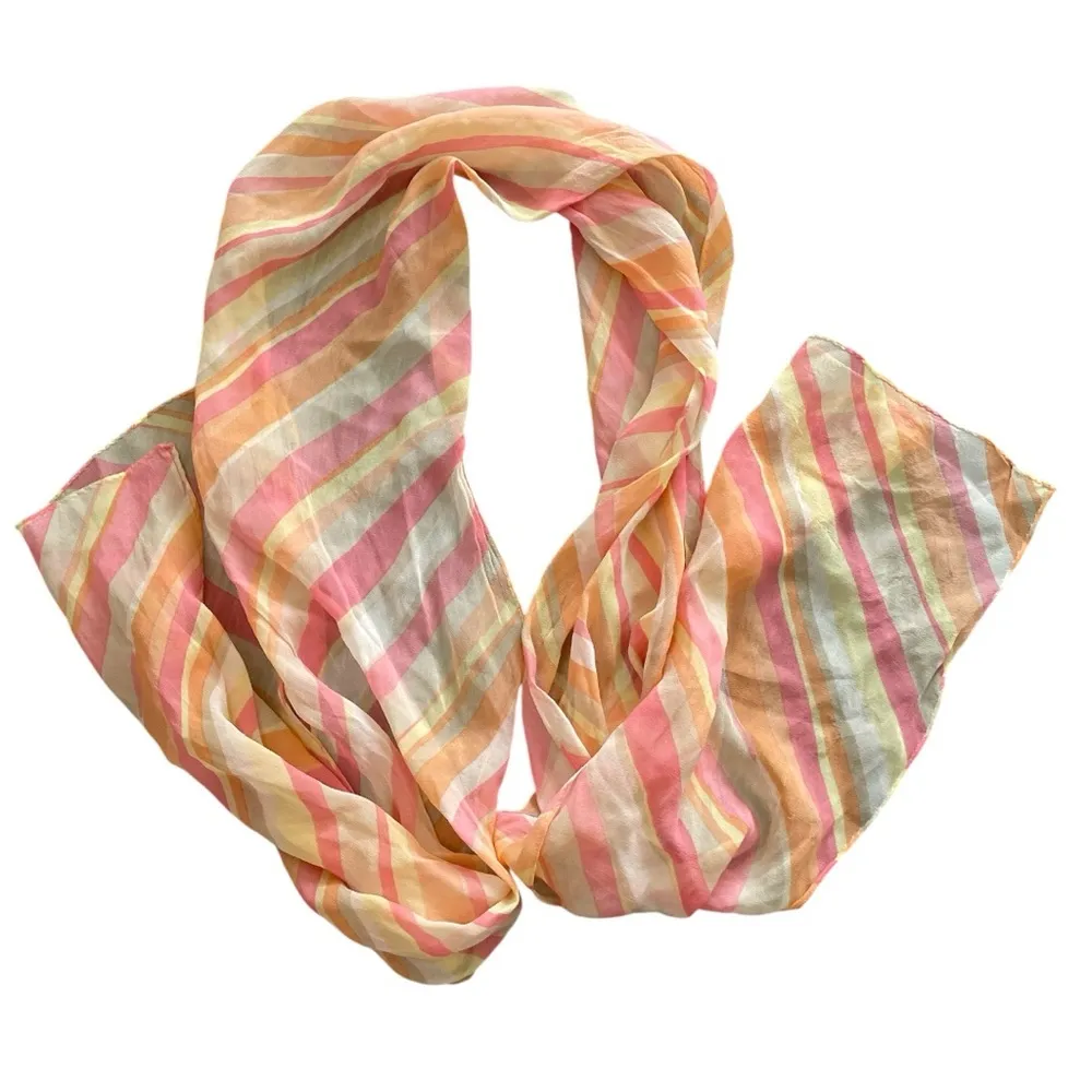 New York & Company Designer Pink and Orange 100% Silk Striped Scarf 21 X 21. - Image 5