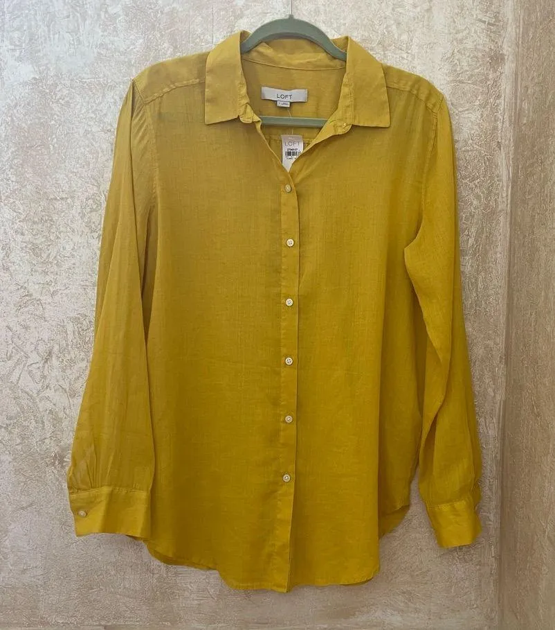LOFT Cotton Blend Voile Buttondown Shirt Blouse Top Yellow Collared Sz Large - Image 8