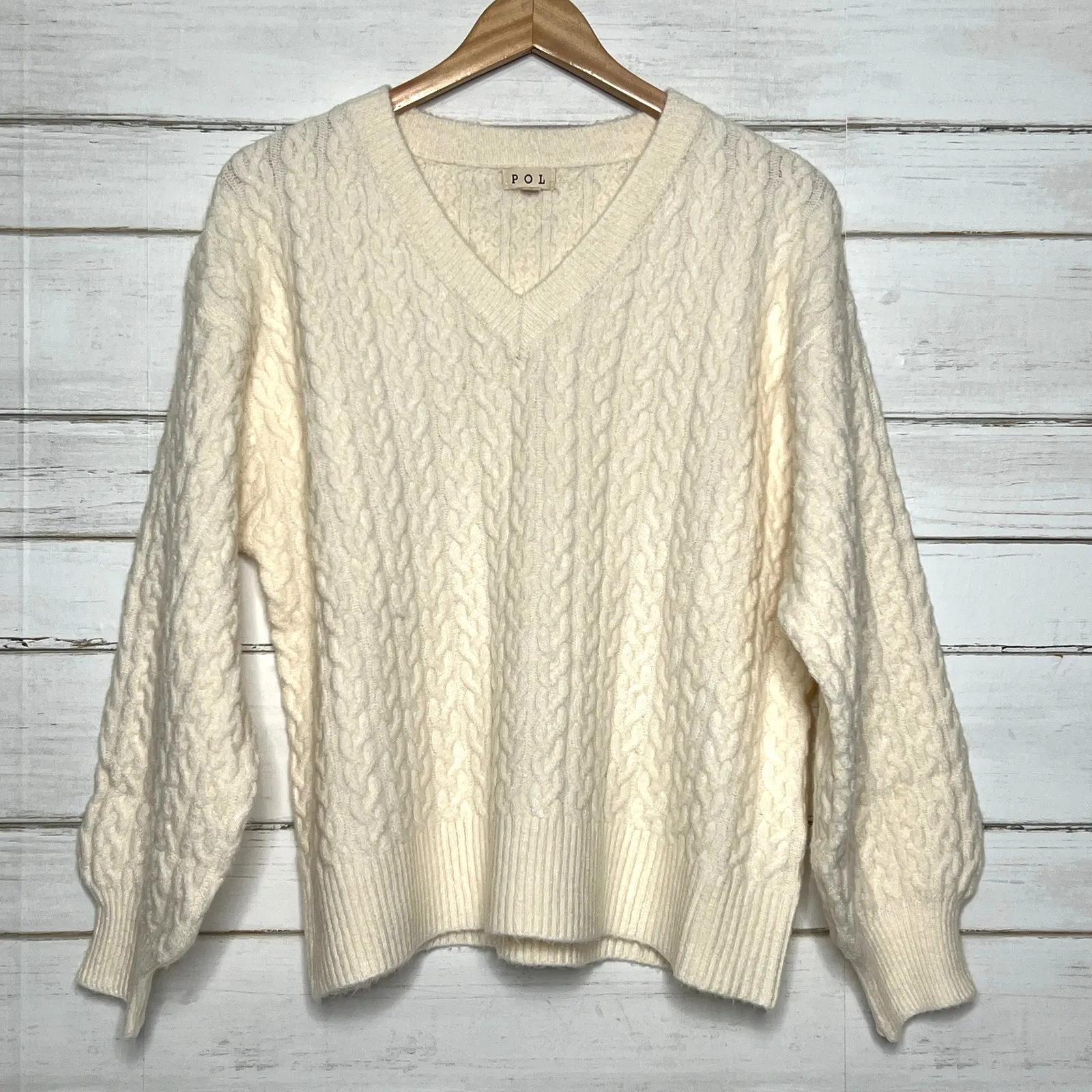POL Cream Cable Knit V-Neck Sweater Cozy Chunky Pullover Size Small - Image 2