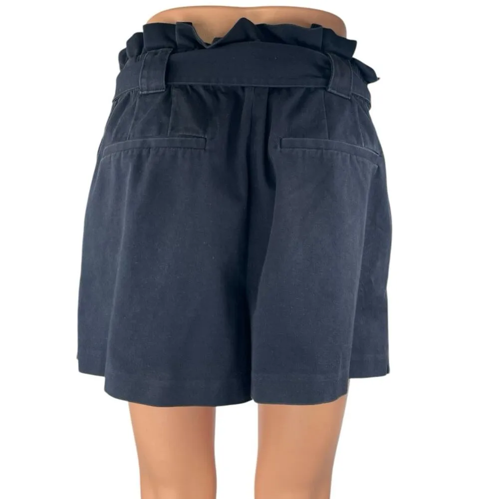 Zara Women's Navy Blue High Waisted Belted Tie Waist Paperbag Mini Shorts Size L - Image 3