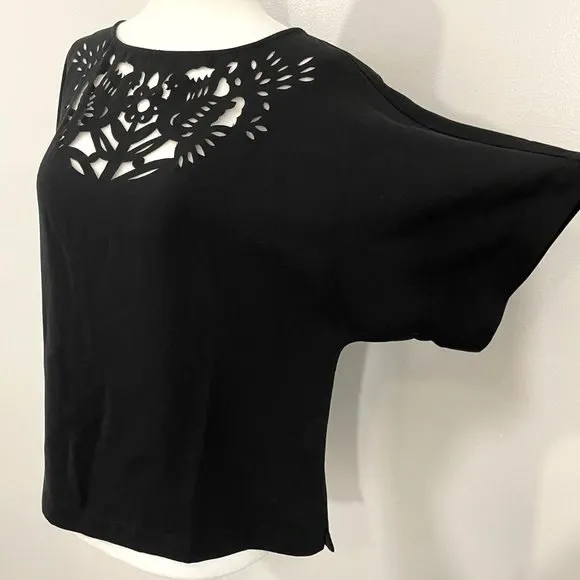 RACHEL  Laser Cut Floral Birds Top Dolman Sleeve Blouse Black Size XS - Image 5
