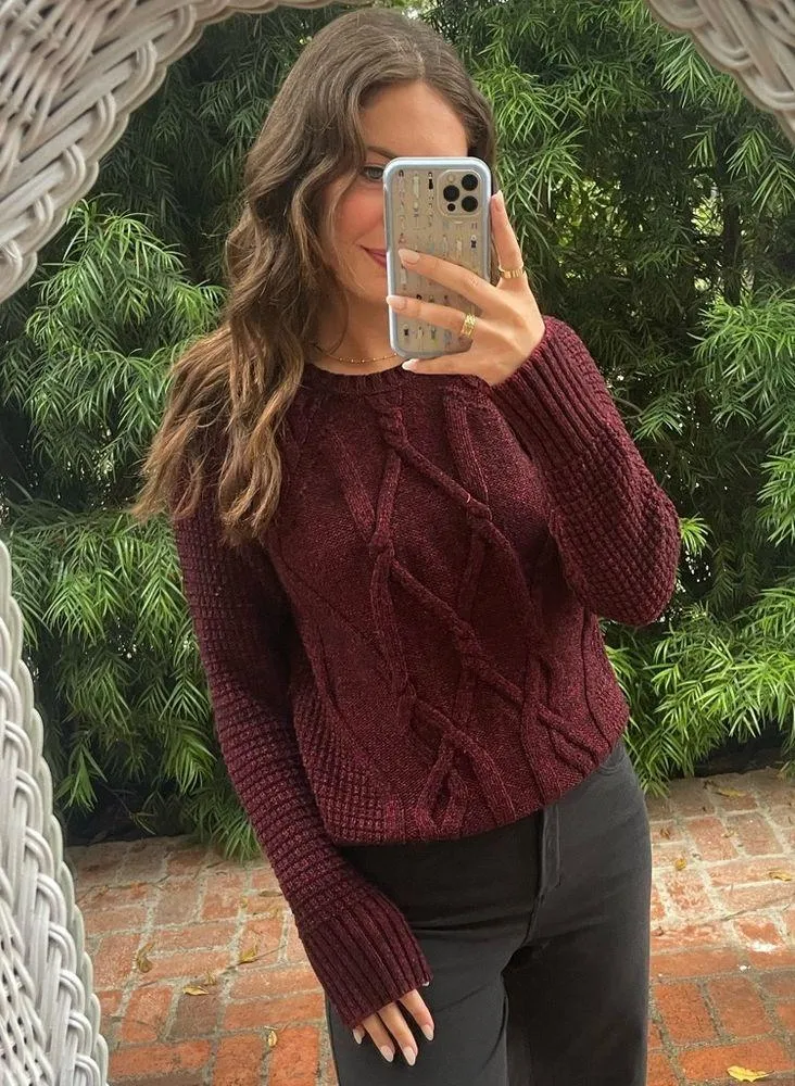 Base Maroon Cableknit Bass Sweater Size M - Image 3