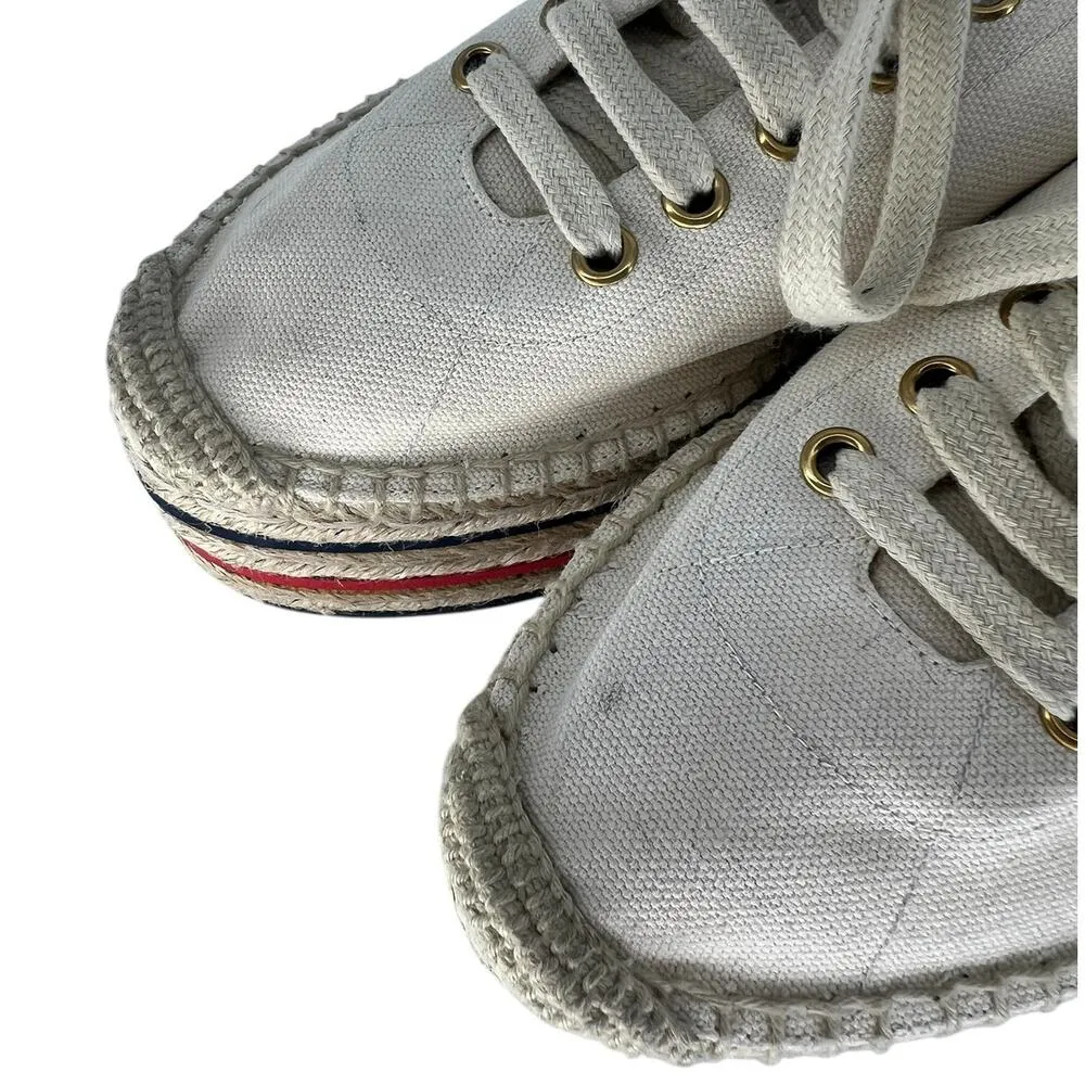 Gucci  Cream Lace Up Canvas Logo Platform Espadrilles - Image 9