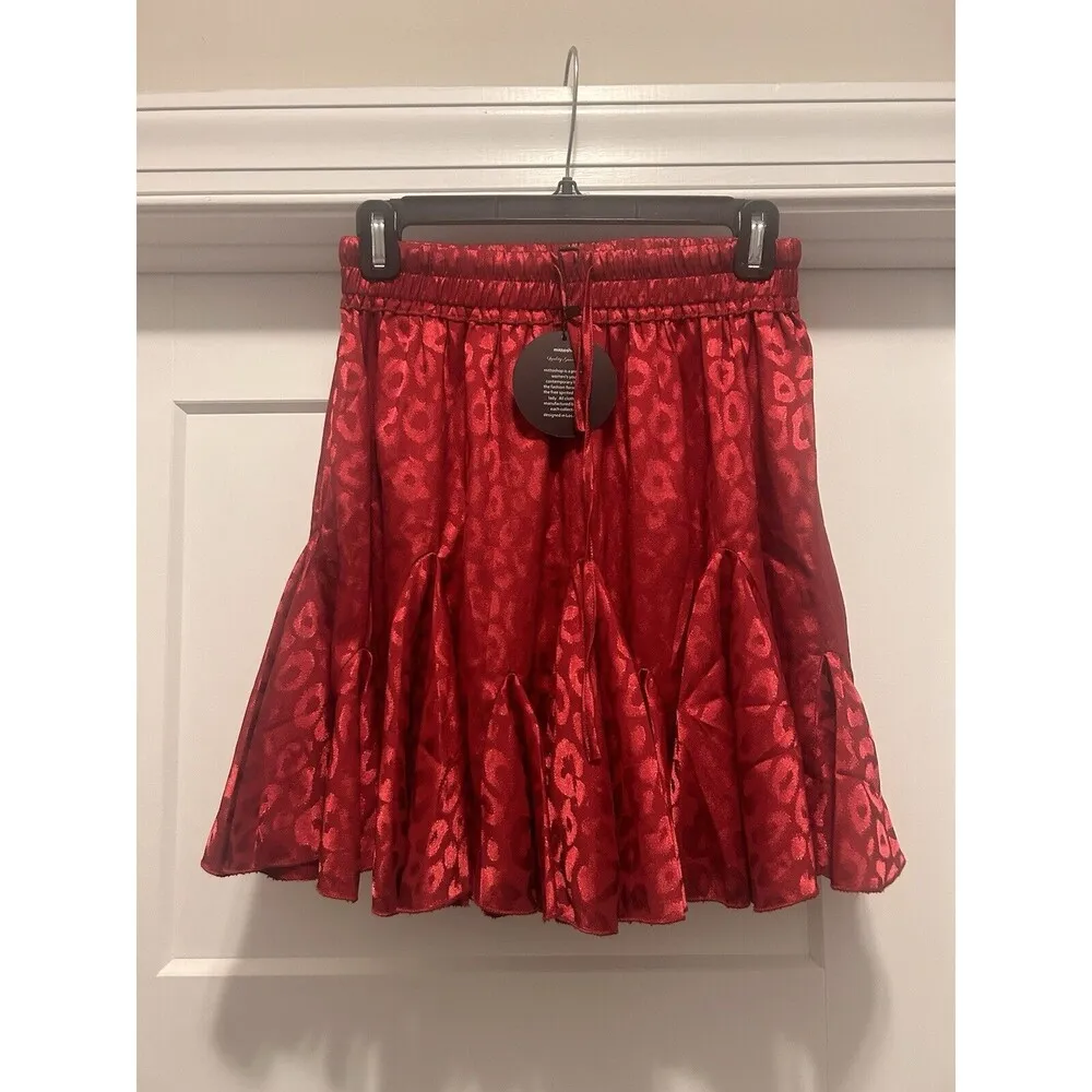 Deep Burgundy Red Leopard Print Satin Ruffle Mini Skirt Elastic Waist Size Small - Image 2