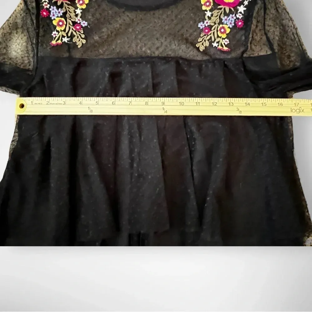 LIVING DOLL Black Mesh Layered Floral Embroidered Top Medium | EUC‎ - Image 10