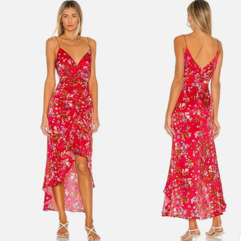 Sau Lee Sofia Satin Floral Print Ruched Midi Dress in Red Garden Size US 0 - Image 3
