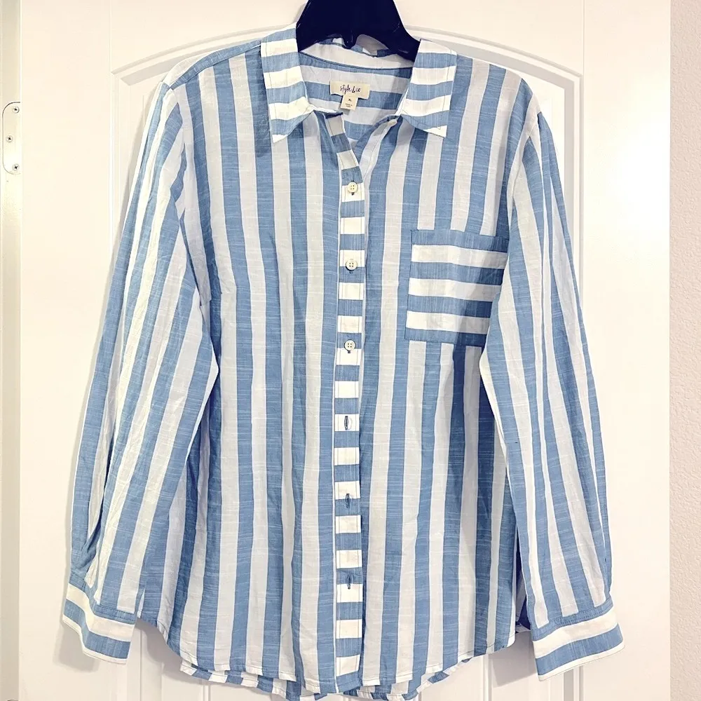 Style & Co Cotton Striped Boyfriend Shirt Antique Blue & White Size XL New w/Tag - Image 2