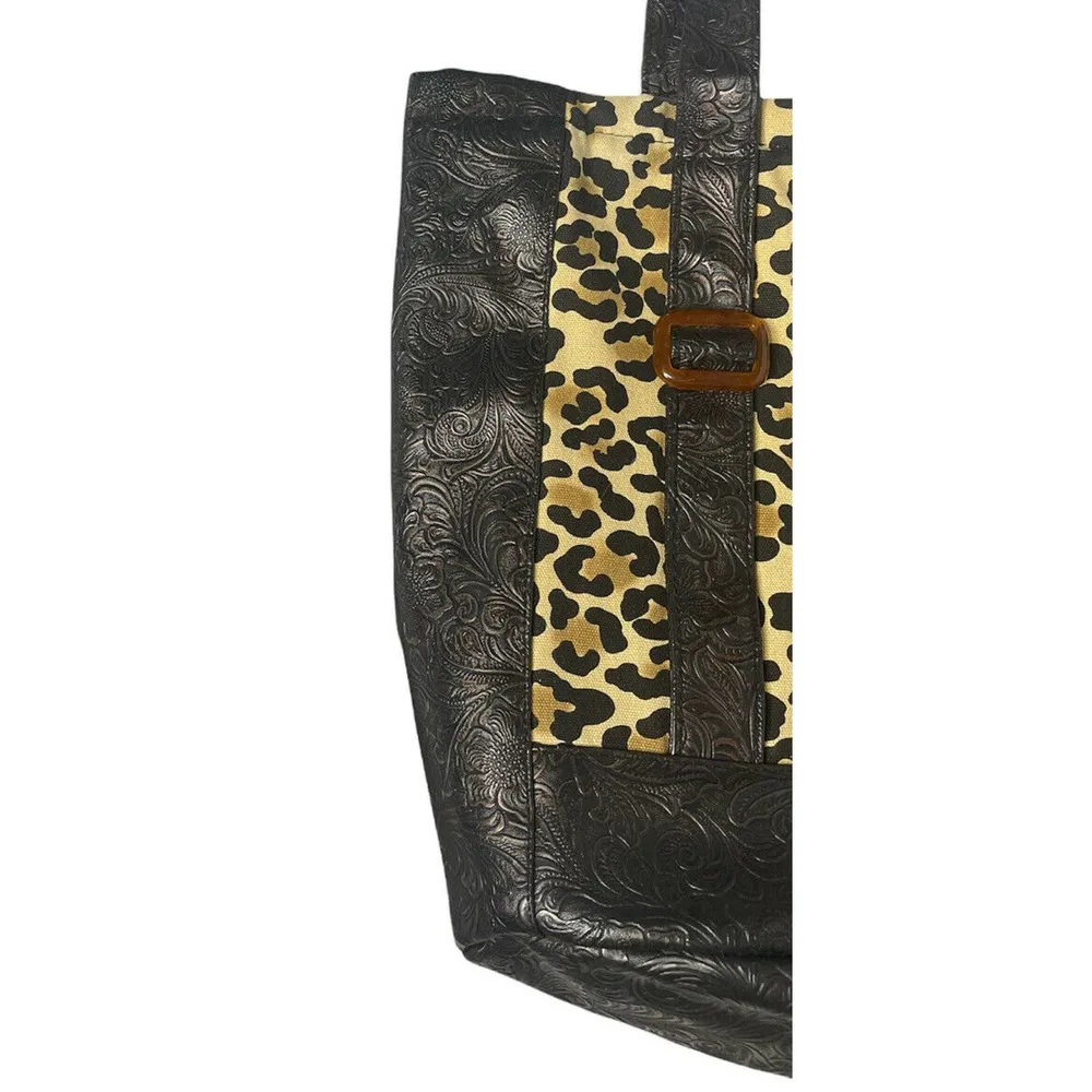 Isabellas Journey Black Faux Leather Tooled Leopard Animal Print Purse Tote Bag - Image 4