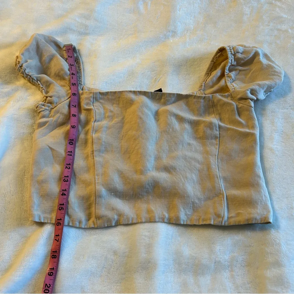 J. Crew tan linen blend short sleeve crop top size L puff sleeve smocked - Image 8