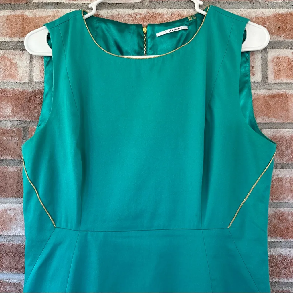 T Tahari Sleeveless Sheath Pencil Dress Women’s 8 Turquoise Gold Piping - Image 2