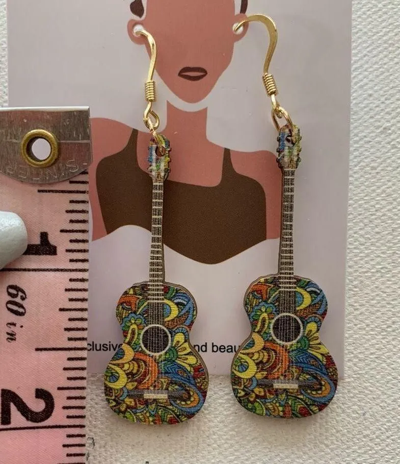 Multicolor Retro Floral Wooden Guitar Drop Festival Statement Earrings - Image 4