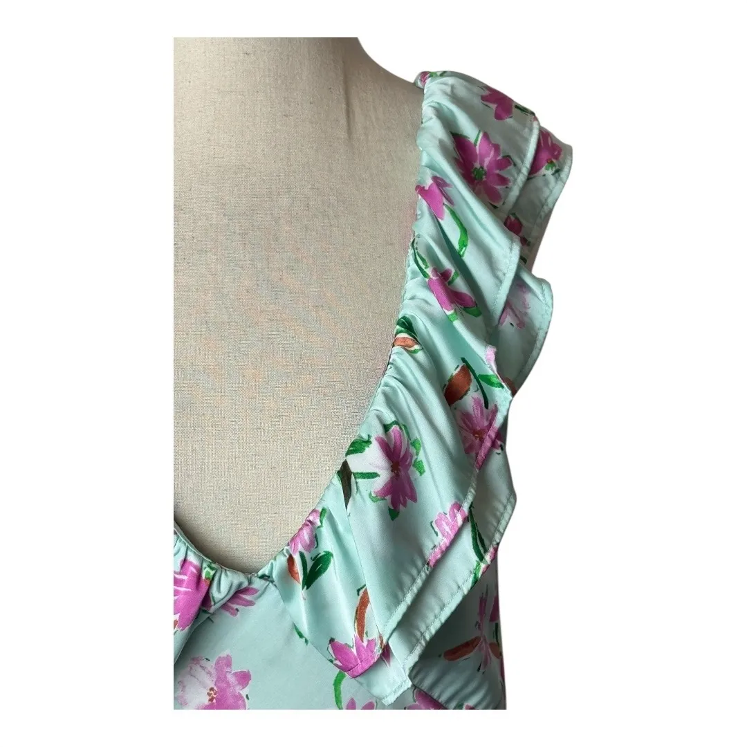 Zara Dress Women Medium Blue Pink Floral‎ Satin Ruffle Trim Midi Slip Dress Boho - Image 6