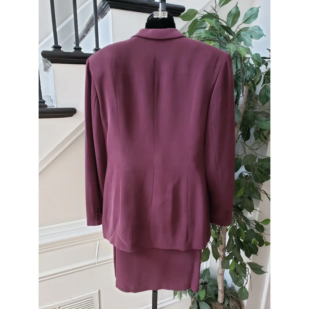 Jones New York 2 Piece Skirt Suit Silk 10 Burgundy Single Breasted 1 Button - Image 4