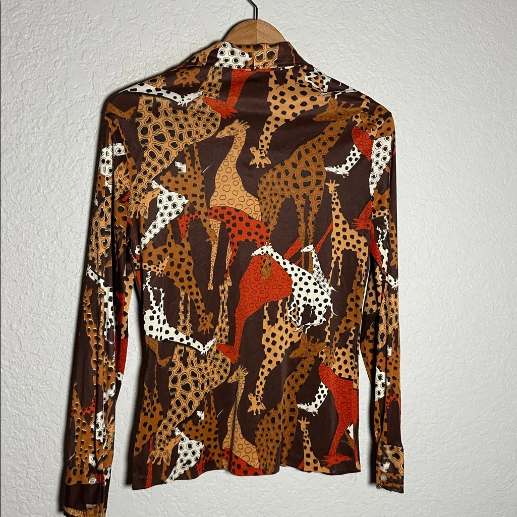 Vintage 70s Animal Print Button Up Shirt Giraffe Blouse Silky Artsy Abstract Brown Size M - Image 10