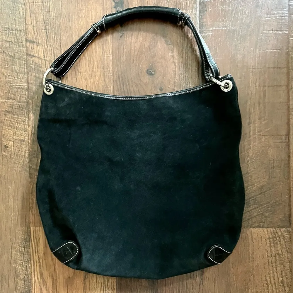 Black suede, pony hair/leather/rhinestone floral appliqué hobo, made in Italy - Image 3
