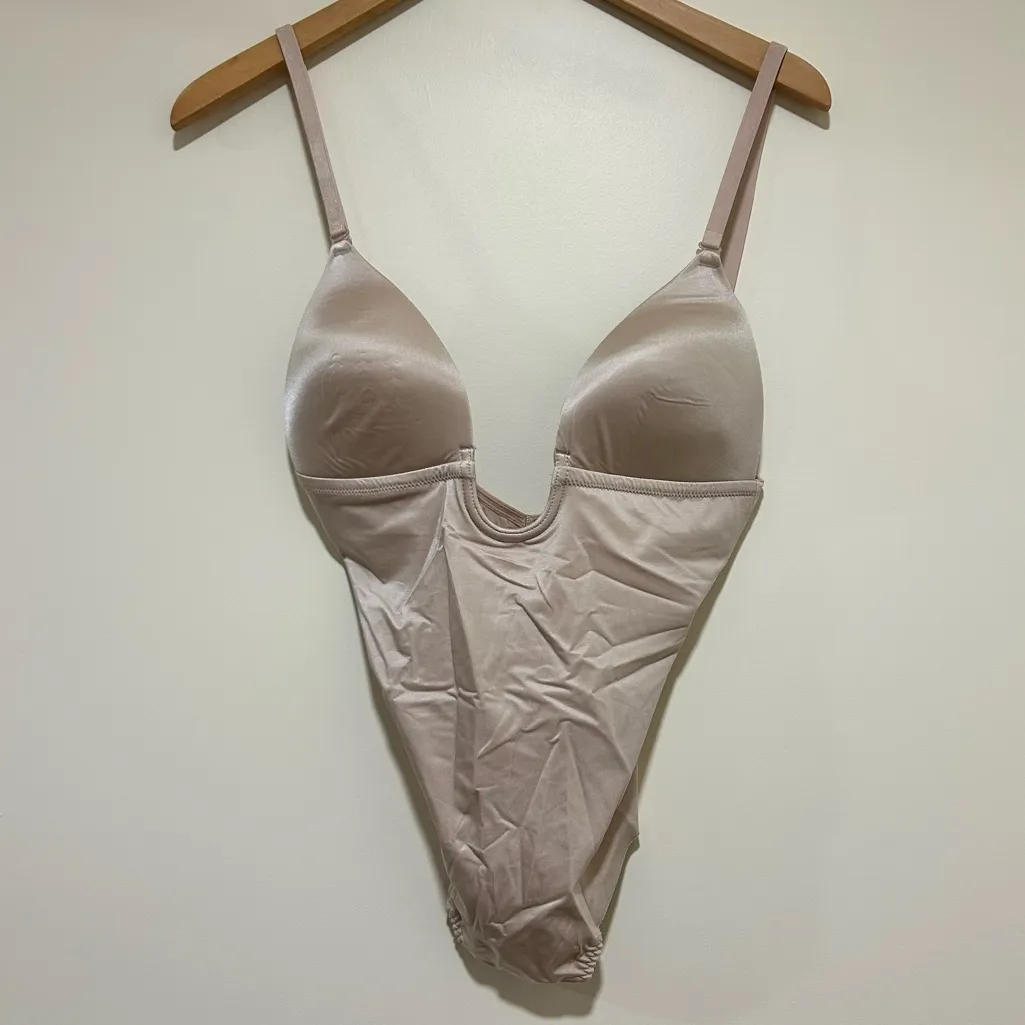 SPANXshape Suit Your Fancy Plunge Low Back Thong Bodysuit in Champagne Beige Med - Image 3