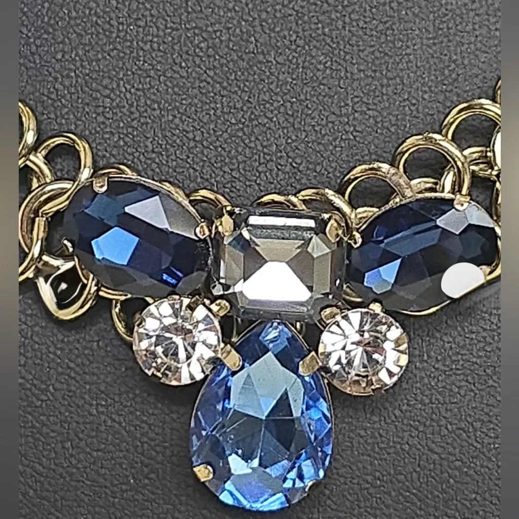 Chicos Blue N Clear Crystals Silvertone Link Chain Wide Collar Choker Necklace - Image 3