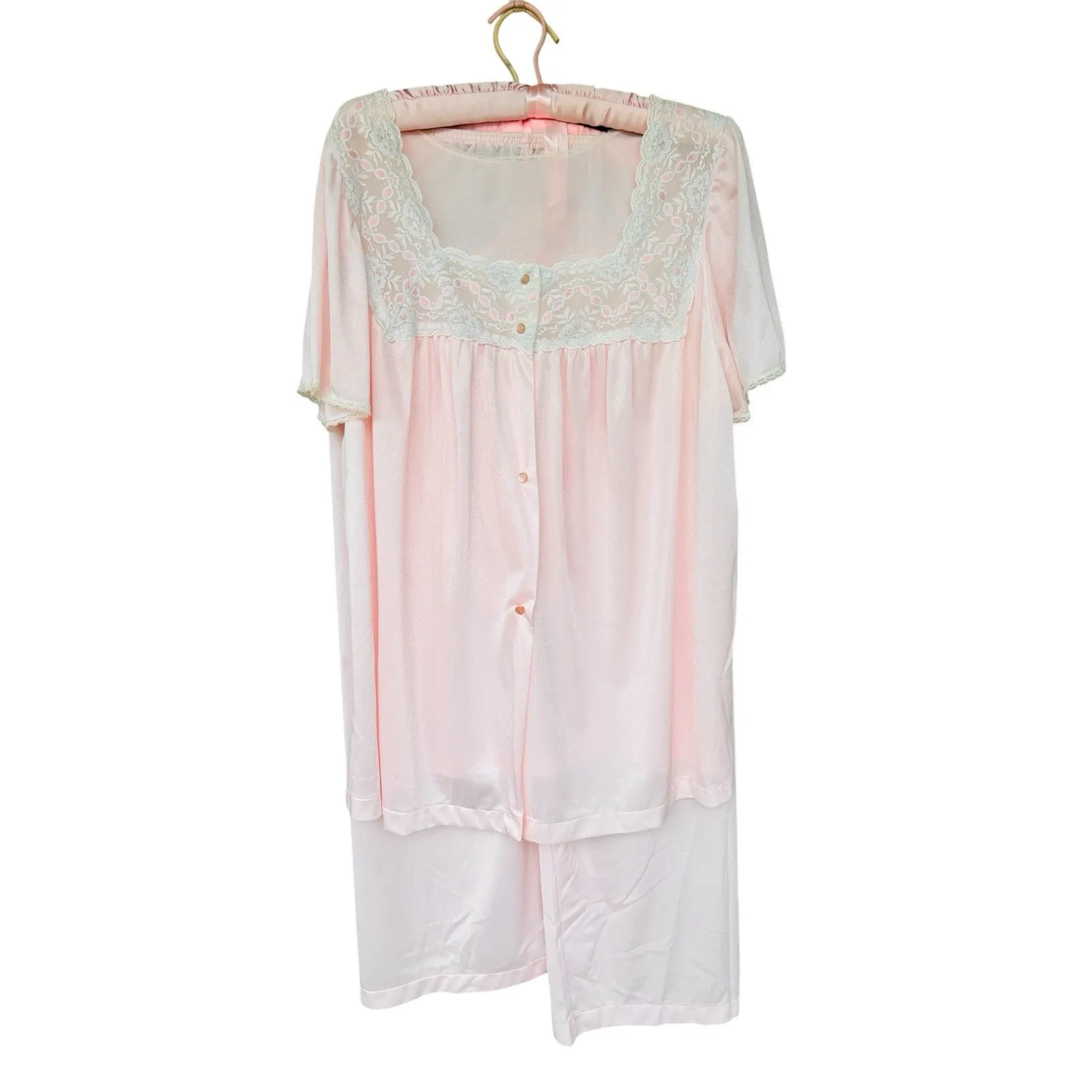 Vintage Vanity Fair Womens Pink All Nylon 2 Pc Pajama Set XL Top Pants Lace - Image 6