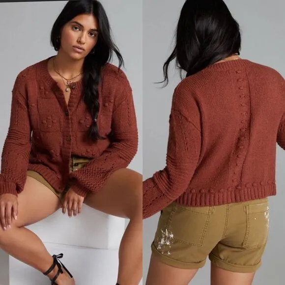 Anthropologie Pilcro Textured Puff-Sleeve Cardigan NEW Size Large Brown - Image 2