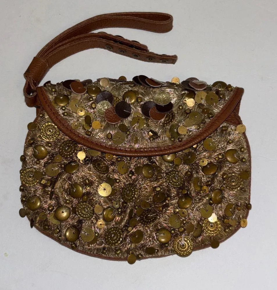 GOLD SEQUIN BEADED WRISTLET WITH BROWN LEATHER NO BRAND TAG MADE IN INDIA - Image 1