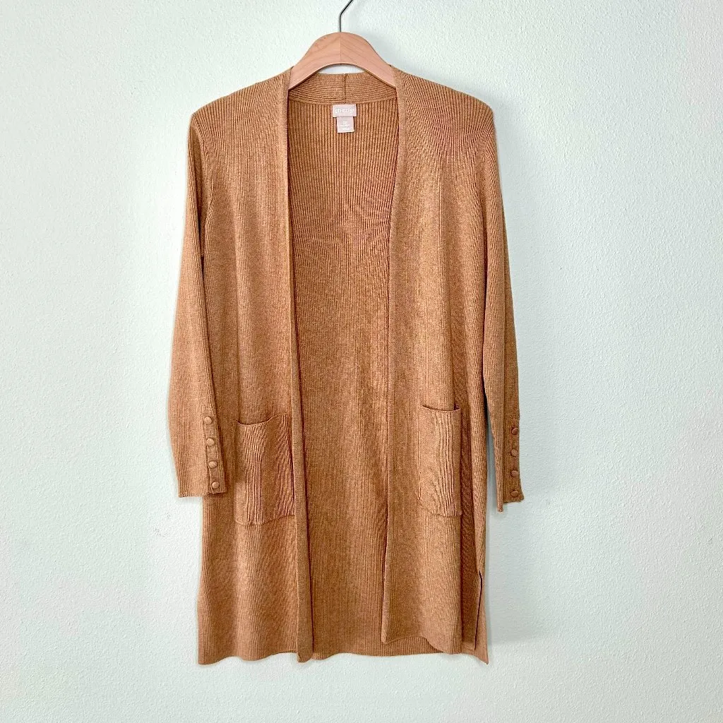 Chicos Petite Ribbed Front-Pocket Cardigan in Camel Brand Size 0P = 6P NWOT - Image 2