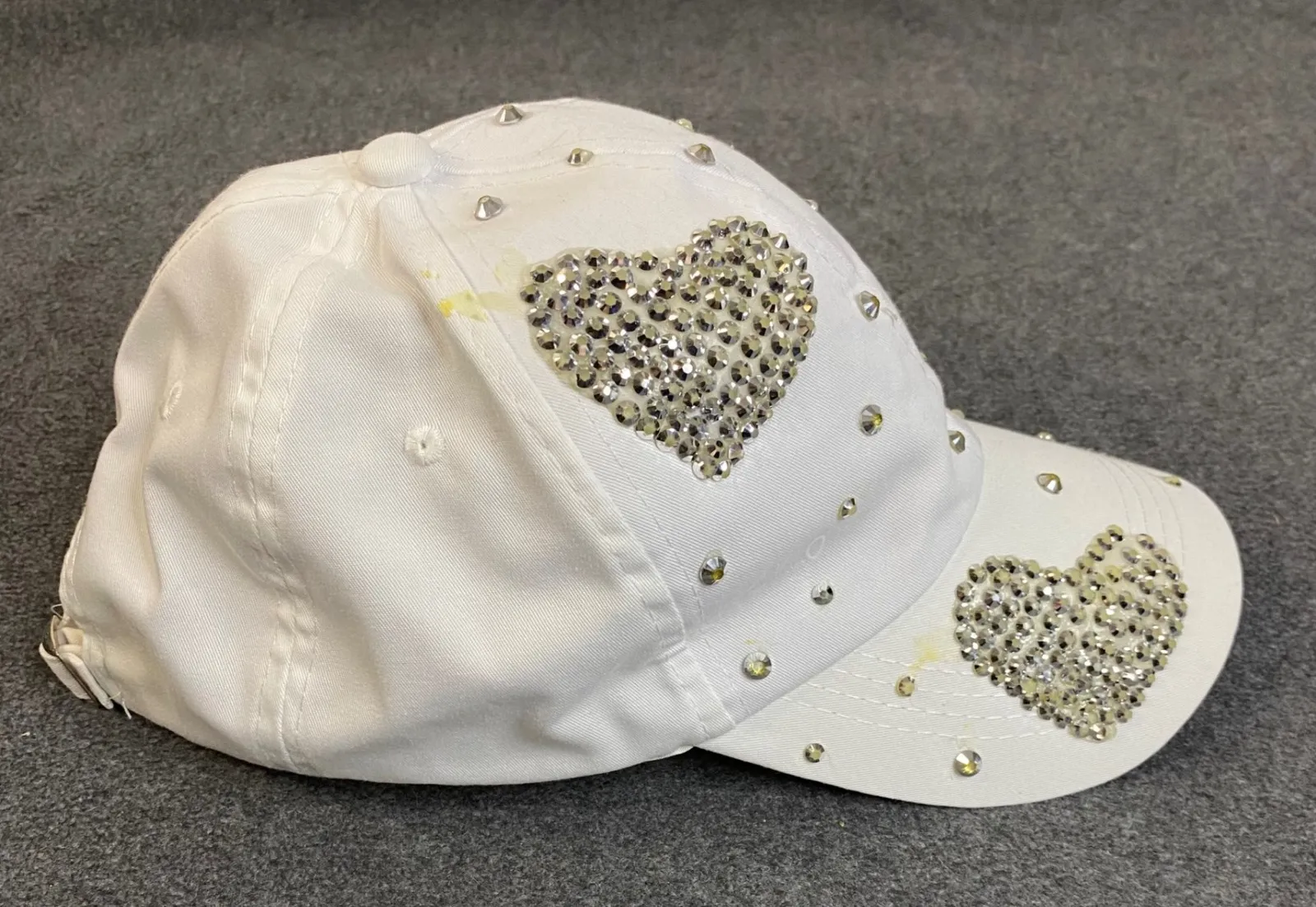 Rhinestone Heart Baseball Cap, Womens Studded Adjustable, Casual *Flaw GUC White - Image 1