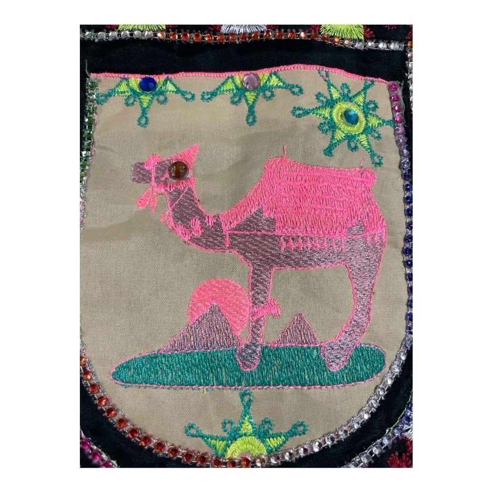 camel Embroidered Crossbody Bag made in India Black - Image 6