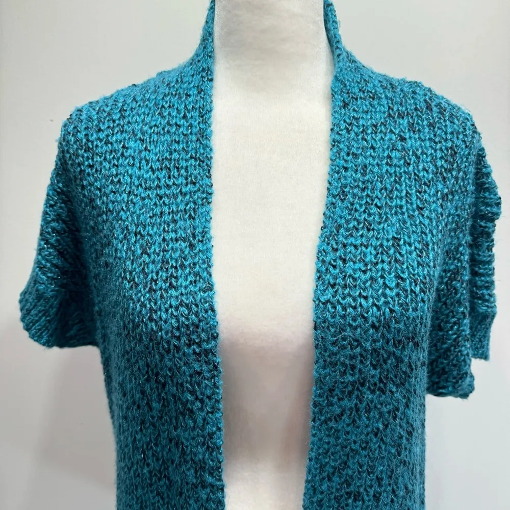 Chico’s Turquoise Black & Metallic Knit Open Front Short Sleeve Cardigan 1/M - Image 5