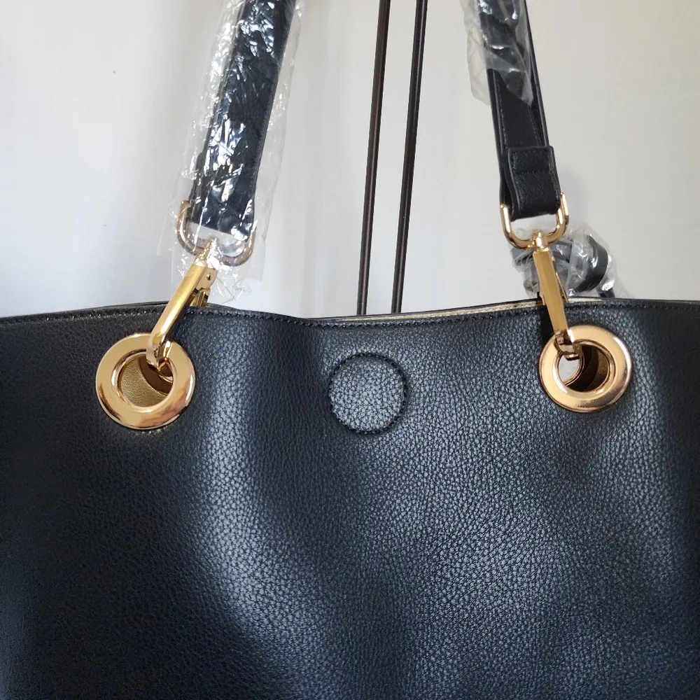 MKF Black Faux Leather Large Tote and Crossbody Bag Set Gold - Image 8