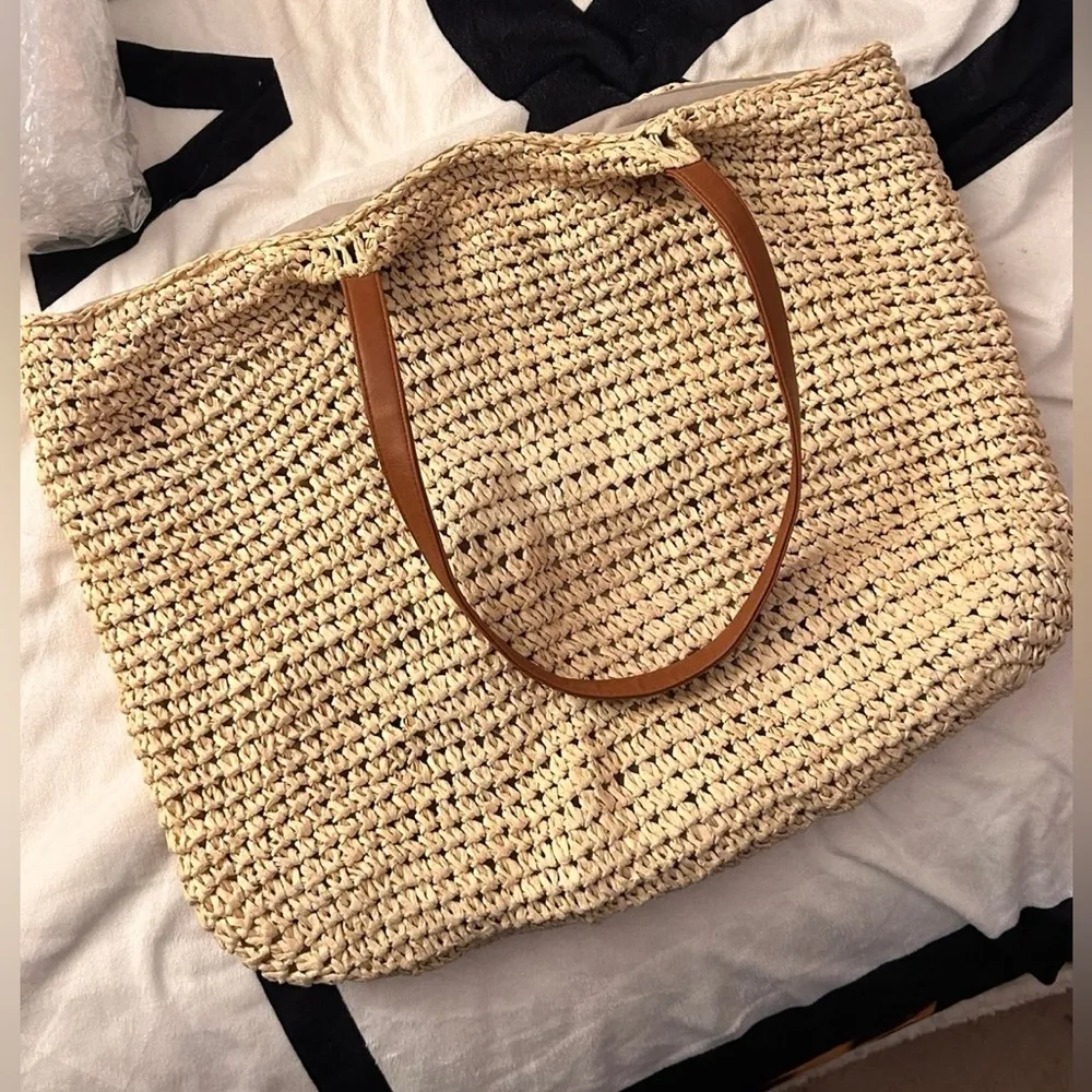 Women Hand Woven Straw Bohemian Vacation Travel Bag Tan - Image 10